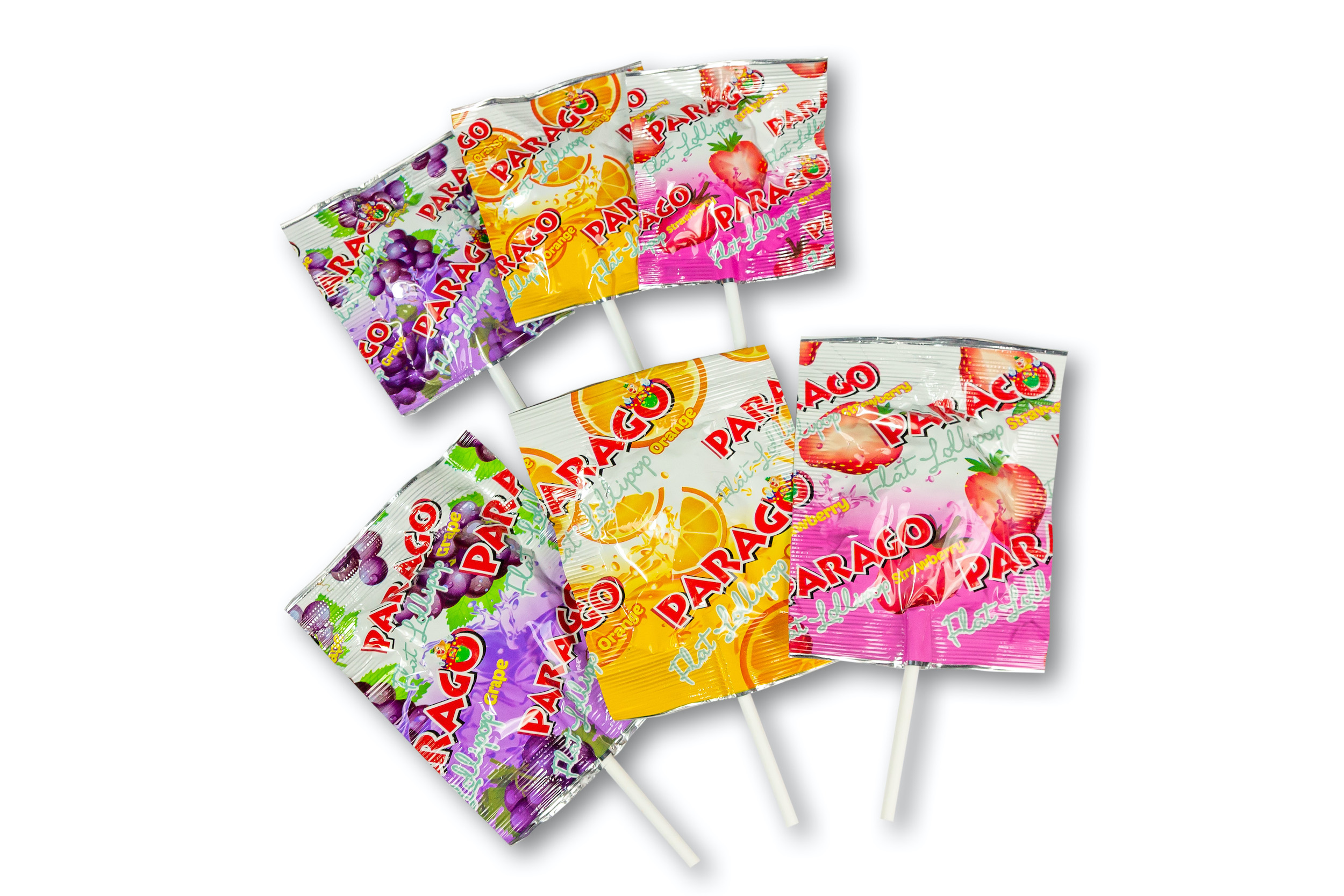 Treat yourself to a uniquely flat lollipop of assorted fruity flavours – Strawberry, Grape, and Orange. Parago Flat Lollipop is perfect for adding colour to your beautiful lollipop bouquets, prizes for young children,sweet treats for your school/office/dental/health clinic or to fill your goody bags and your candy jar. Try them all, and see which enticing flavour is your favourite. It is individually wrapped, perfect to be eaten on the go.
