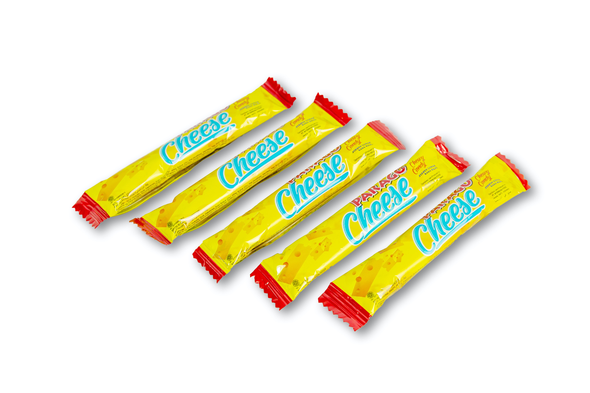 Made from flavourful cheese powder, Parago Chewy Cheese candy is a great treat at parties, events, or a tasty snack to share at home with family and friends. Surprise you kids and loved ones with its rich savoury flavour and long-lasting chewy texture, like nothing they have ever tasted before! It is bite-sized and conveniently packaged, which also makes it a perfect snack for on the go.   Ingredients Glucose Syrup, Sugar, Dextrose, Milk Powder (2%), Whey Powder (2%), Modified Starch, Butter, Cheese Powder (0,5%) (contains flavour enhancers Monosodium L-Glutamate and Disodium 5'-Ribonucleotides, Food Colourant (Tartrazine CI. 19140 (E-102) and Sunset Yellow FCF CI. 15985 (E-110)), Antioxidant Tocopherols), Beef Gelatine stabilizer, Soya Lecithin emulsifier, Artificial Flavours (Cheese and Vanilla), Contains Sulphite preservative  Package content - 20boxes @80pcs @8g - 8boxes @80pcs @8g