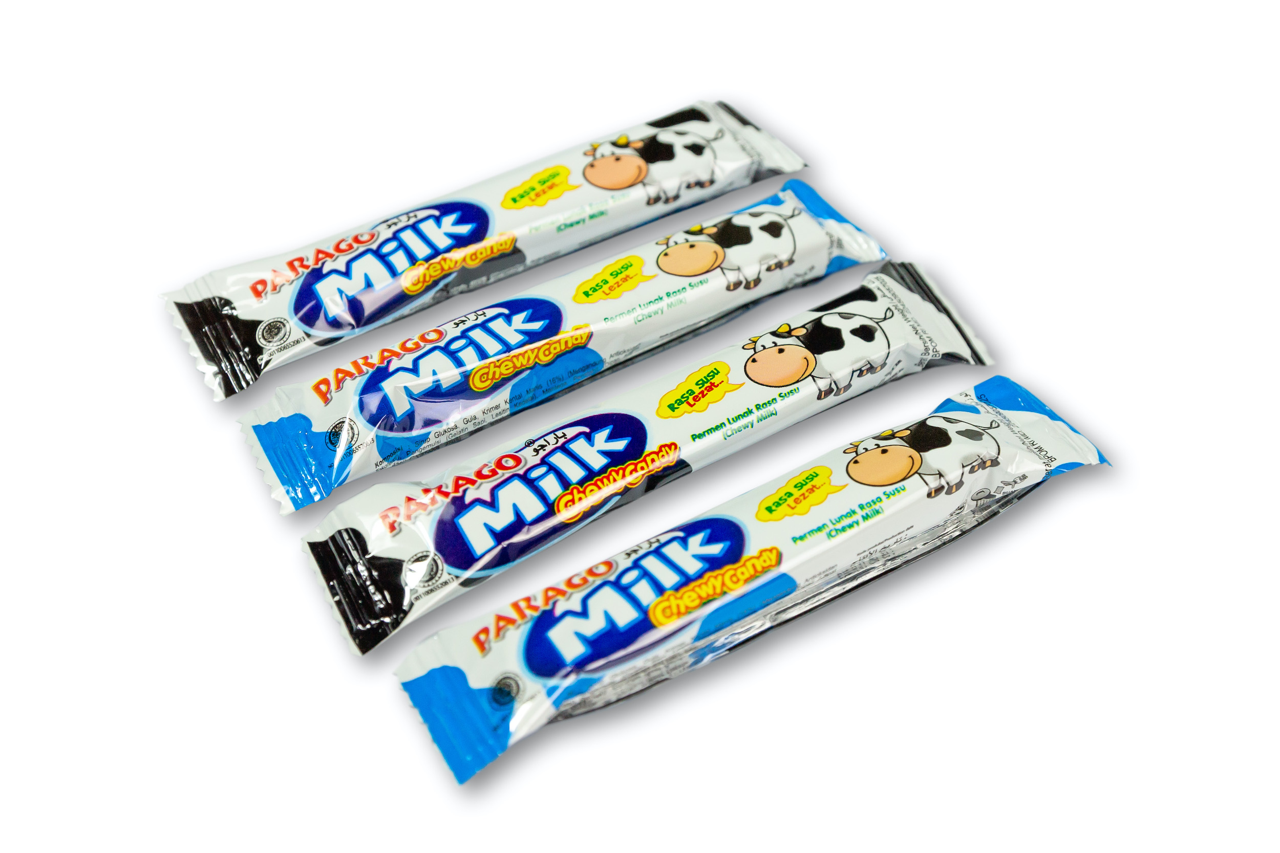 A Melt-in-Your-Mouth-and-Heart Nostalgic Milk Candy…   Parago Chewy Milk is a high concentrated milk candy with an intensely sweet, milky flavour and a creamy, gummy texture that will instantly melt in your mouth and warm your heart. A popular and a renowned type of sweet in Indonesia, this delicious candy is made with carefully selected, high quality imported pure milk powder, enriched by real butter to give it a full-bodied milky flavour with a high nutritional value (source of protein and calcium) from our in-house sweetened condense milk.    Parago Chewy Milk is a perfect fit as a delicious and healthy snack for school or work, family picnic, parties, movie companion, gift for your loved ones, or something to bring along during your escapades! One is never enough, as its sumptuous smooth texture combined with scrumptious taste has been proven to be too strong to resist. Indulge in a milky adventure with this classic, nostalgic candy which will bring so much joy to your day!   Parago Chewy Milk candy is manufactured with modern machinery which ensures a perfect blend of ingredients and provides a chewy consistency, while also following the hygiene and food safety protocol. It is visually appealing with a simple yet modern and attractive packaging, featuring an adorable cow spot pattern with a vibrant white and blue colour scheme, making it stand out and easily recognisable in the retail market.    Parago Chewy Milk is manufactured by PT. Internusa Food, a modern and innovative confectionery and candy manufacturer in Indonesia with longstanding tradition of excellence. Competitively-priced to cater the middle-low market segments, PT. Internusa Food has produced well-known brands loved by the Indonesian customers and overseas markets over the years. The Company’s products have been exported to many countries in Southeast Asia, Asia Pacific, U.S.A, the Middle East and Africa. Its high-quality products follows the ISO 22000:2005 Food Safety Management System and the Indonesian Food and Drug Monitoring Agency (BPOM). All products are also Halal-certified by Indonesian Ulama Council (MUI). Parago Chewy Milk is available for bulk purchasing with B2B wholesale price.   Package content: - 8boxes @80pcs @8g - 20boxes @80pcs @8g - 20boxes @80pcs @7g - 20boxes @80pcs @6g - 12boxes @40pcs @8g - 20bags @250g @8g -10 bags @350pcs @3g - 50bags @60g @3g