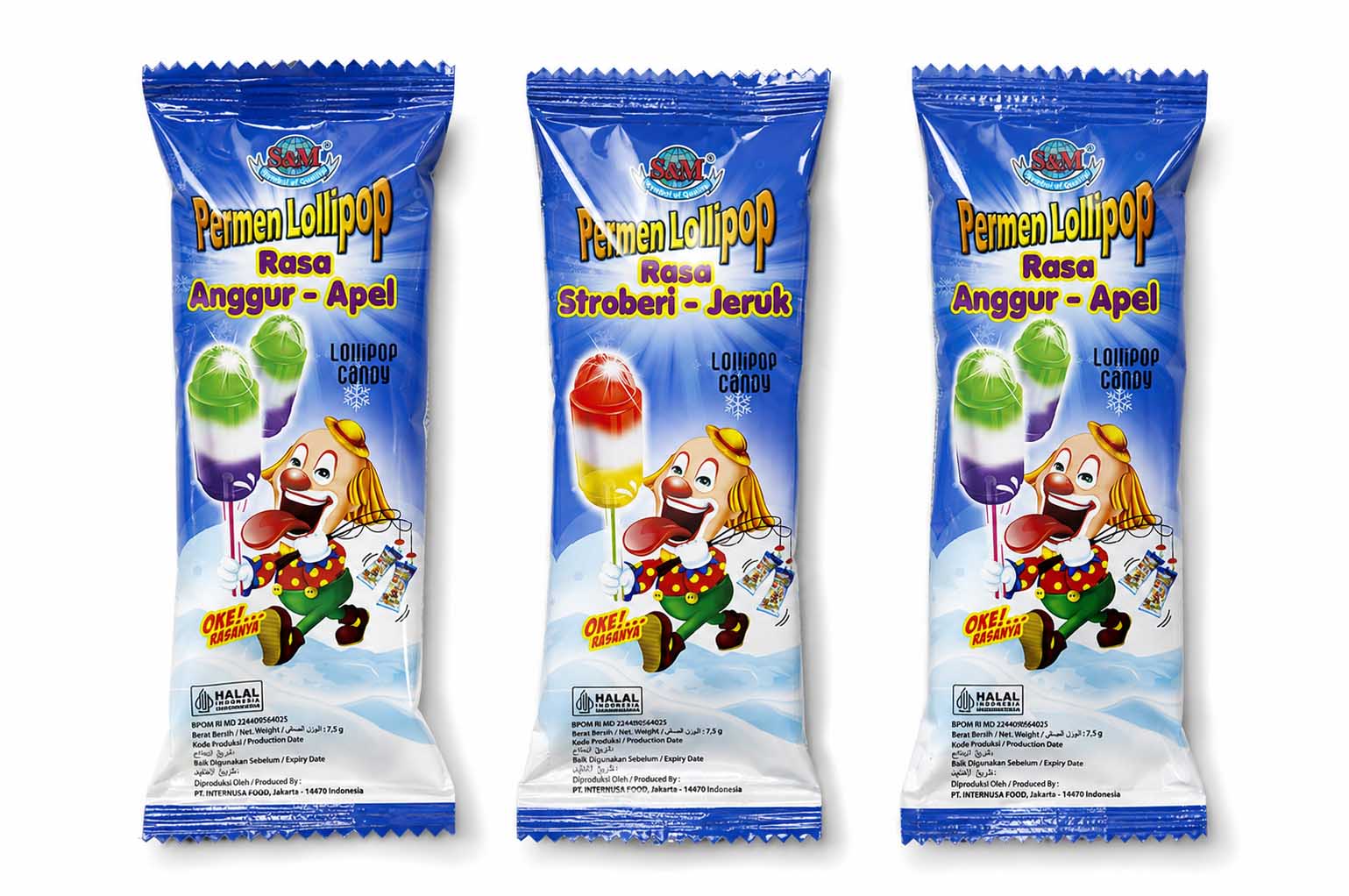 A fun and colourful lollipop made from quality ingredients that come together to create exciting and unique 2-in-1 combination of flavours (Strawberry-Orange and Apple-Grape), it makes a special treat for family, friends, and colleagues and the perfect giveaway candy for customers at banks, offices, doctor’s/dentist’s clinics, etc. Children and adults will love its refreshingly sweet and sour fruit flavours.  Ingredients Sugar, Glucose Syrup (contains Sulphite preservative), Milk Powder, Salt, Artificial Vanilla Flavor, Malic Acid acidity regulator, Artificial fruits flavor (strawberry, orange, apple, grape), Food Colorant (Ponceau 4R CI. 16255 (E-124), Tartrazine CI. 19140 (E-102), Brilliant Blue CI. 42090 (E-133).  Package content 8bags @30pcs @10g 12bags @60pcs @10g