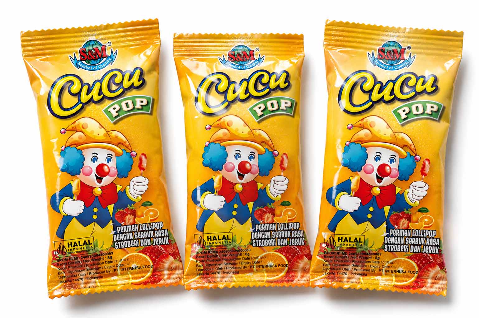 CUCU POP Lollipop A Juicy Lollipop to Sweeten Your Day!         Classic lollipops in dipping powder that come in an assortment of colours and enticing flavours—Strawberry, Orange, Cola and Milk—CUCU POP is great for special events or anytime you need a little boost to brighten up your day. It can be a sweet and tempting addition for your birthday cake decoration, competition prizes, snacks in waiting/meeting rooms, or to be included in party goodies. A tasty candy that will be loved by people of all ages.   Produced since 1997, it is best known for being the only lollipop with dipping powder in Indonesia’s market and thus has become a candy that many crave for! CUCU POP originally comes in fruity flavours but it has been expanded over the years to include the refreshing cola and creamy milk flavour. To prevent them from sticking together, CUCU POP is individually wrapped to ensure long-lasting enjoyment.  Whenever you are craving sweets, just grab a CUCU POP to satisfy your sweet tooth. Designed in fun and festive packaging with a burst of colours and its trademark for a funny clown image, CUCU POP is made for simple joy and pleasure, anytime and anywhere.   CUCUPOP Lollipop is manufactured by PT. Internusa Food, a modern and innovative confectionery and candy manufacturer in Indonesia with longstanding tradition of excellence. Competitively-priced to cater the middle-low market segments, PT. Internusa Food has produced well-known brands loved by the Indonesian customers and overseas markets over the years. The Company’s products have been exported to many countries in Southeast Asia, Asia Pacific, U.S.A, the Middle East and Africa. Its high-quality products follows the ISO 22000:2005 Food Safety Management System and the Indonesian Food and Drug Monitoring Agency (BPOM). All products are also Halal-certified by Indonesian Ulama Council (MUI). CUCU POP Lollipop is available for bulk purchasing with B2B wholesale price.   Package content: 10bags @20pcs @10g