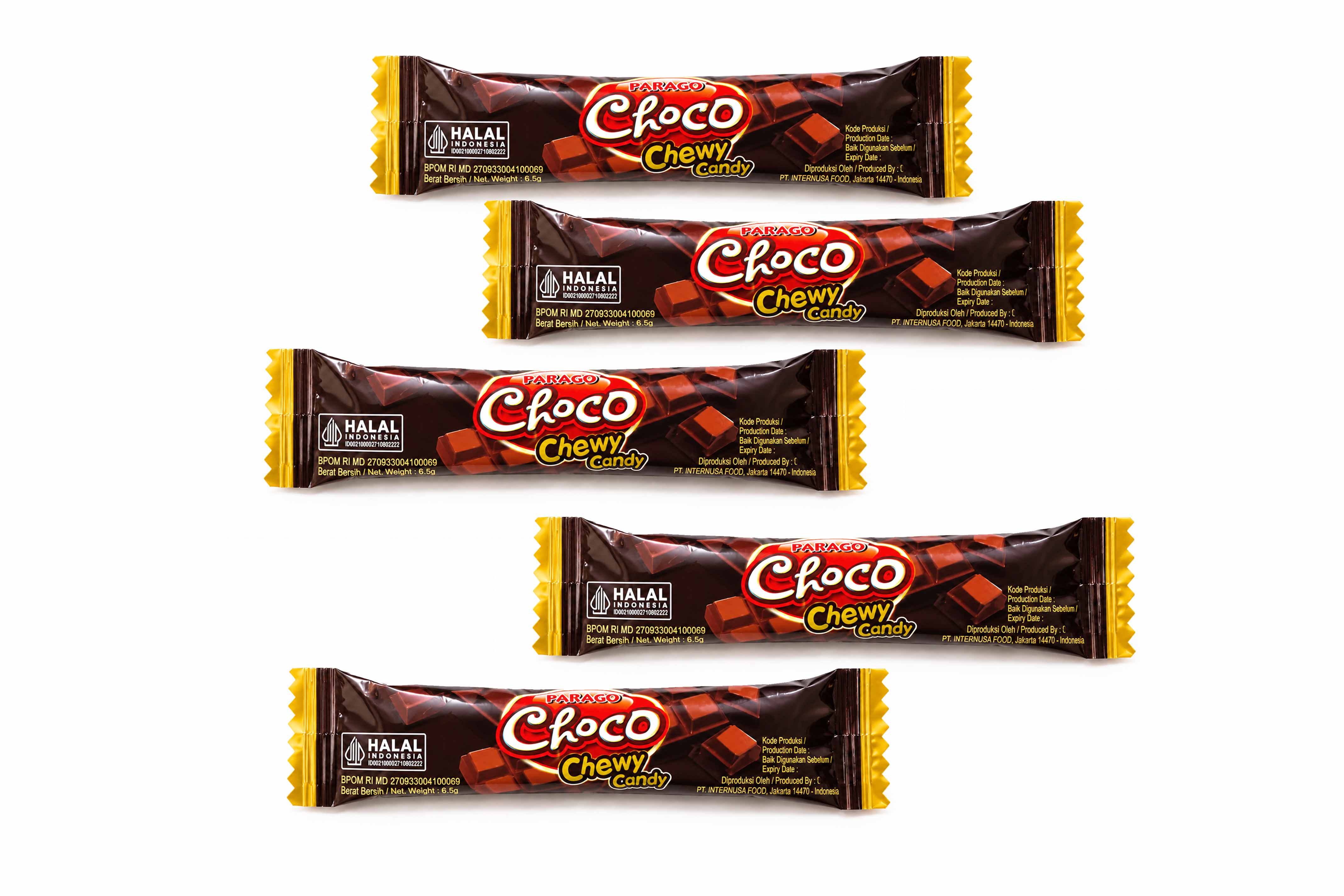 A delicious treat for everyone to share and enjoy. Great for filling your candy bowl, parties, movies, sports, snacking, and more. Parago Chewy Chocolate is made from creamy and smooth chocolate paste to bring the classic taste you love. Let the delicious chocolate melt on your tongue and slowly savour its soft and gummy texture till the last bite. Have this sweet snack on hand and enjoy life’s sweeter side.  Ingredients Sugar, Glucose Syrup (contains Sulphite preservative), Cocoa Powder, Milk Powder, Vegetable Fat, Salt, Beef Gelatine stabilizer, Soya Lecithin emulsifier, Natural Colorant Caramel Class IV (E-150), Artificial Flavours (Chocolate, Vanilla)  Package content - 12boxes @40pcs @8g - 20bags @250g @8g - 20boxes @80g @7g - 20boxes @80pcs @8g - 20boxes @80pcs @6g - 24bags @250g @3g - 50bags @60pcs @3g - 8boxes @80pcs @8g - 6jars @150pcs @3g